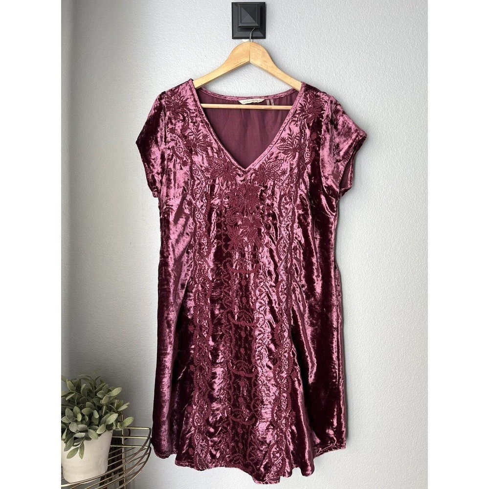 Soft Surrounding Maroon Crushed Velvet Embroidered Tunic Dress Women's Medium